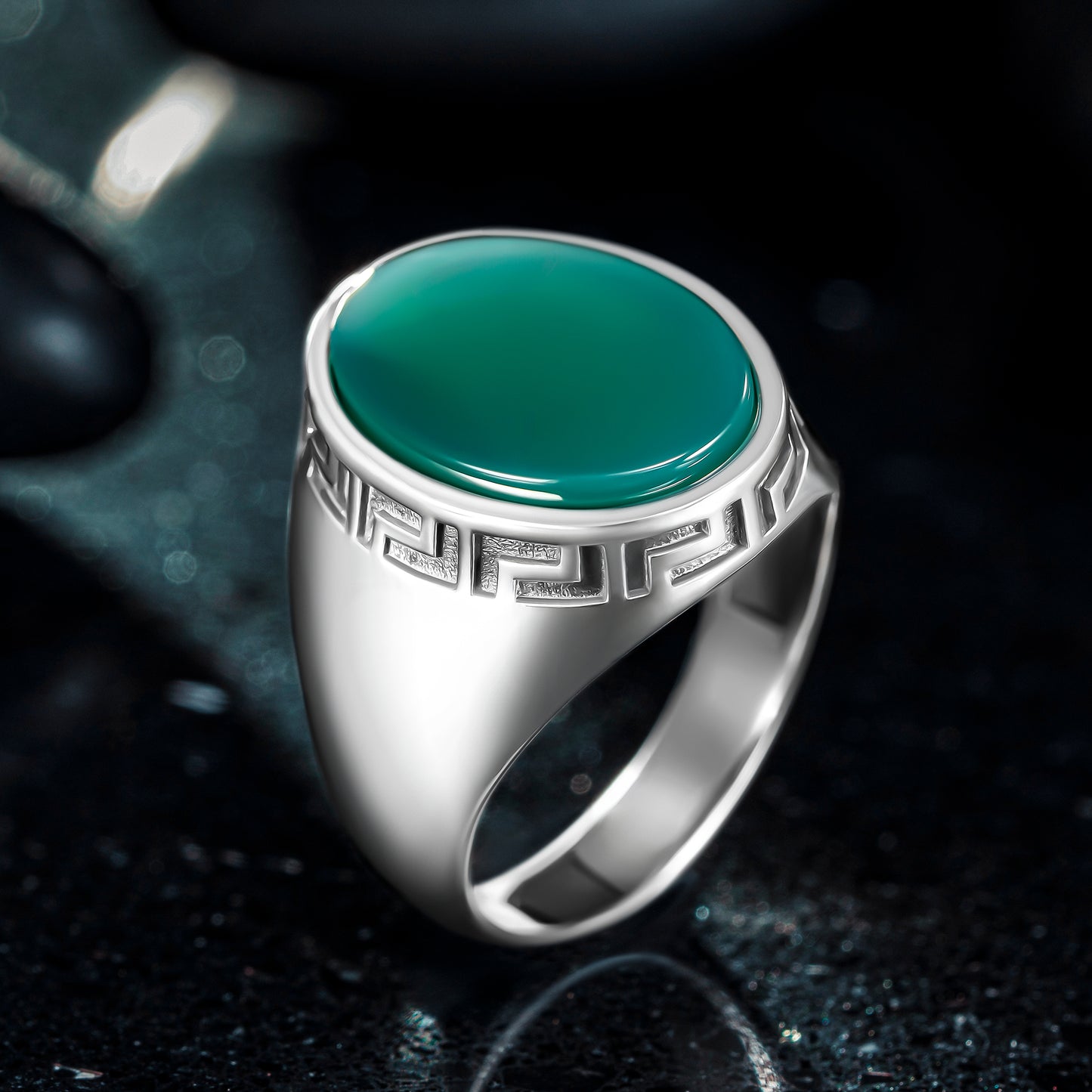 925 Sterling Silver Greek Patterned Oval Green Agate Stone Men's Ring