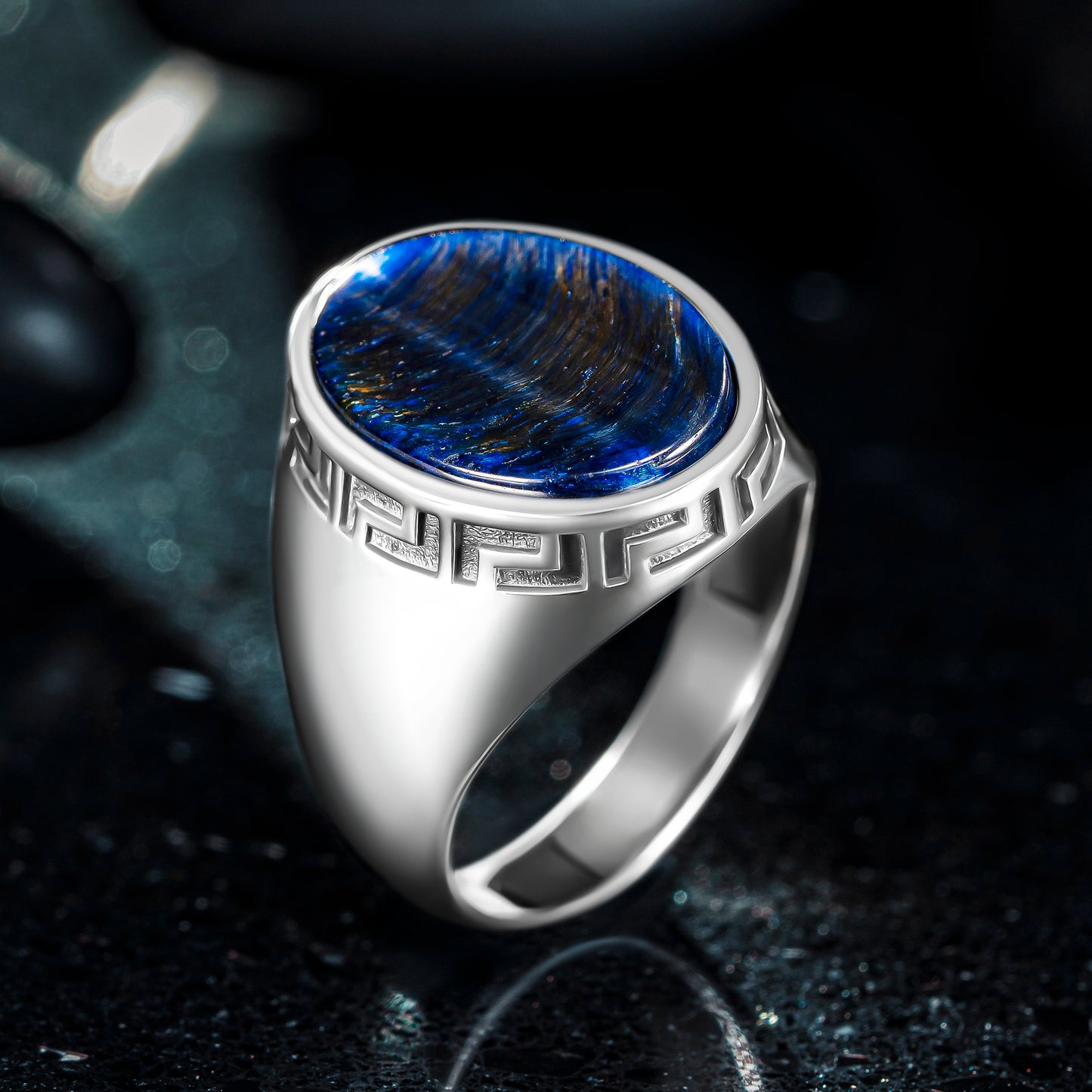 925 Sterling Silver Greek Patterned Oval Blue Lapis Lazuli Stone Men's Ring