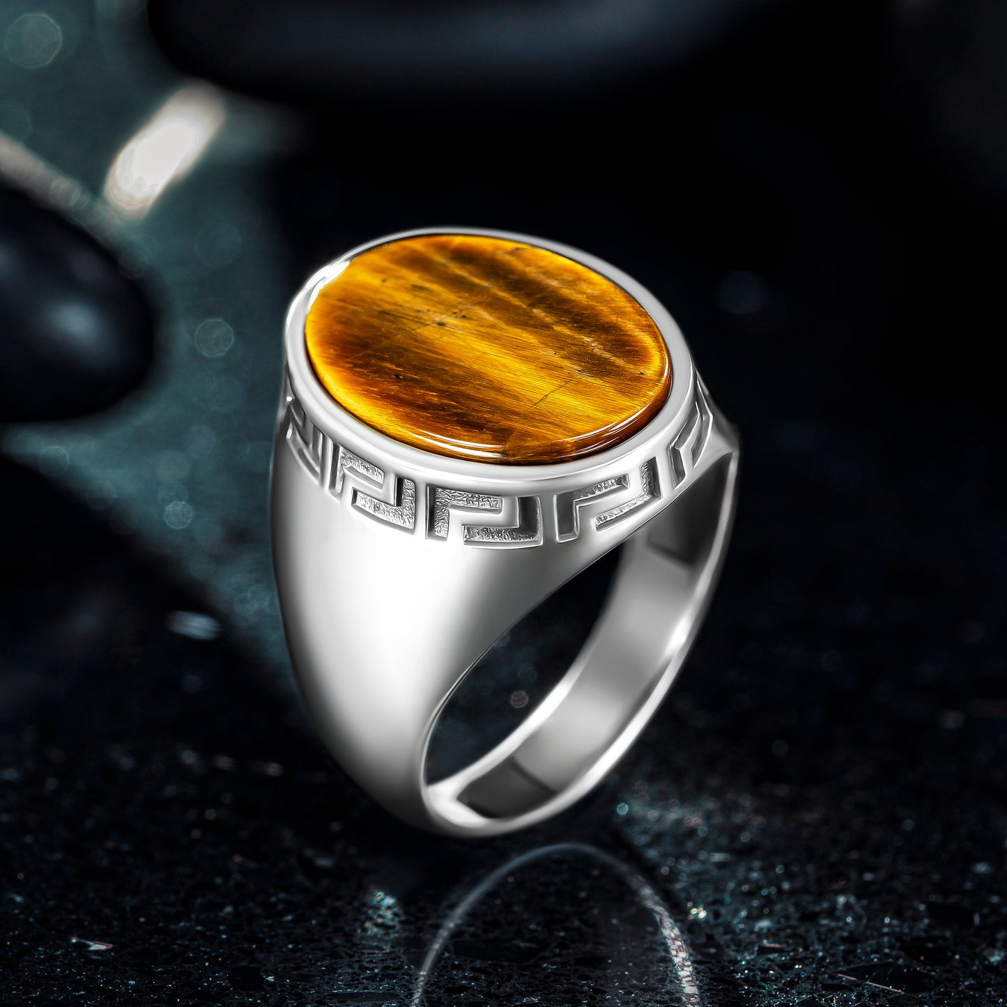 925 Sterling Silver Greek Patterned Oval Brown Tiger's Eye Stone Men's Ring