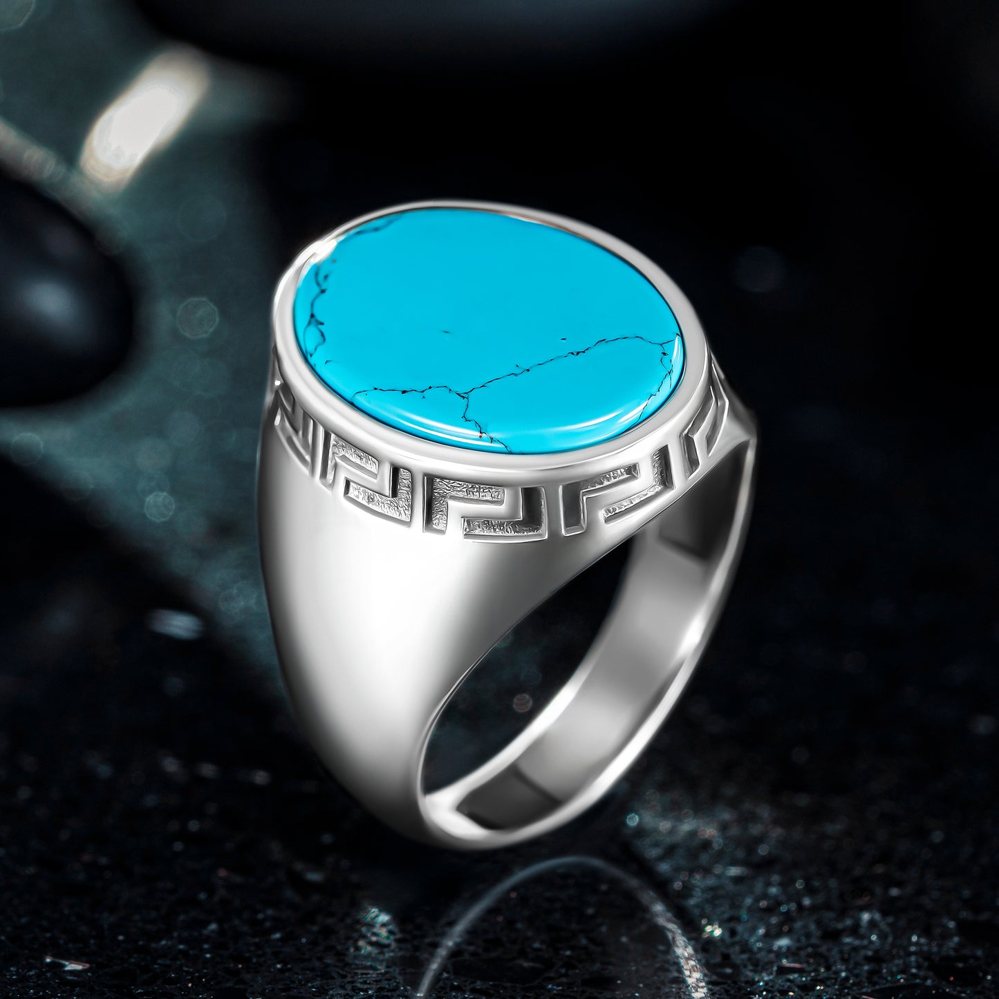 925 Sterling Silver Greek Patterned Oval Blue Turquoise Stone Men's Ring