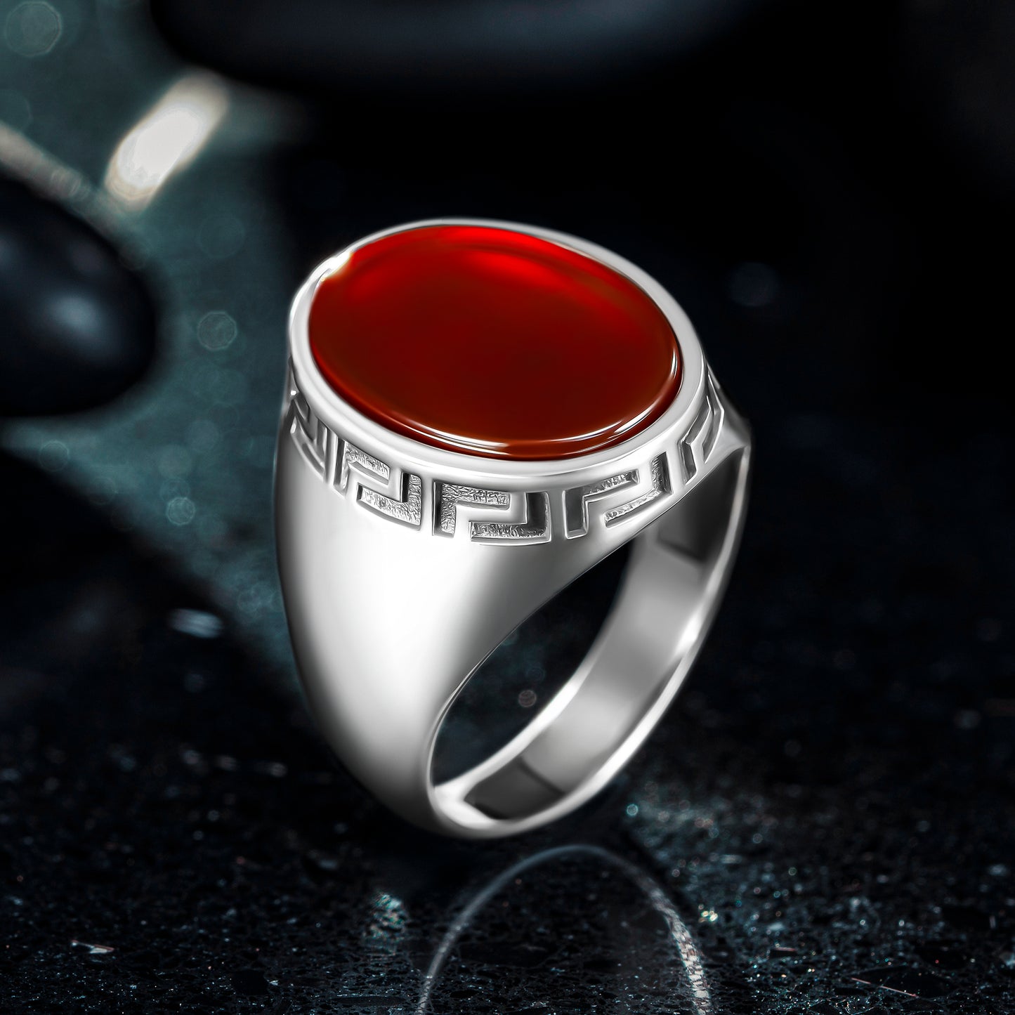 925 Sterling Silver Greek Patterned Oval Red Agate Stone Men's Ring