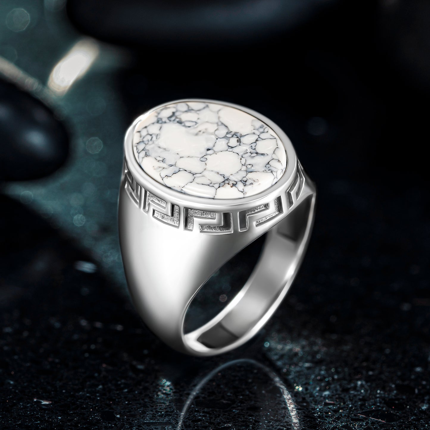 925 Sterling Silver Greek Patterned Oval White Turquoise Stone Men's Ring