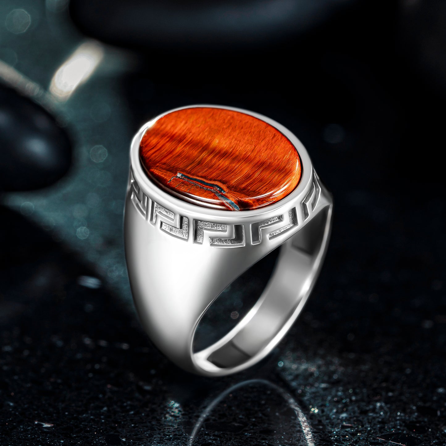 925 Sterling Silver Greek Patterned Oval Brown Jasper Stone Men's Ring