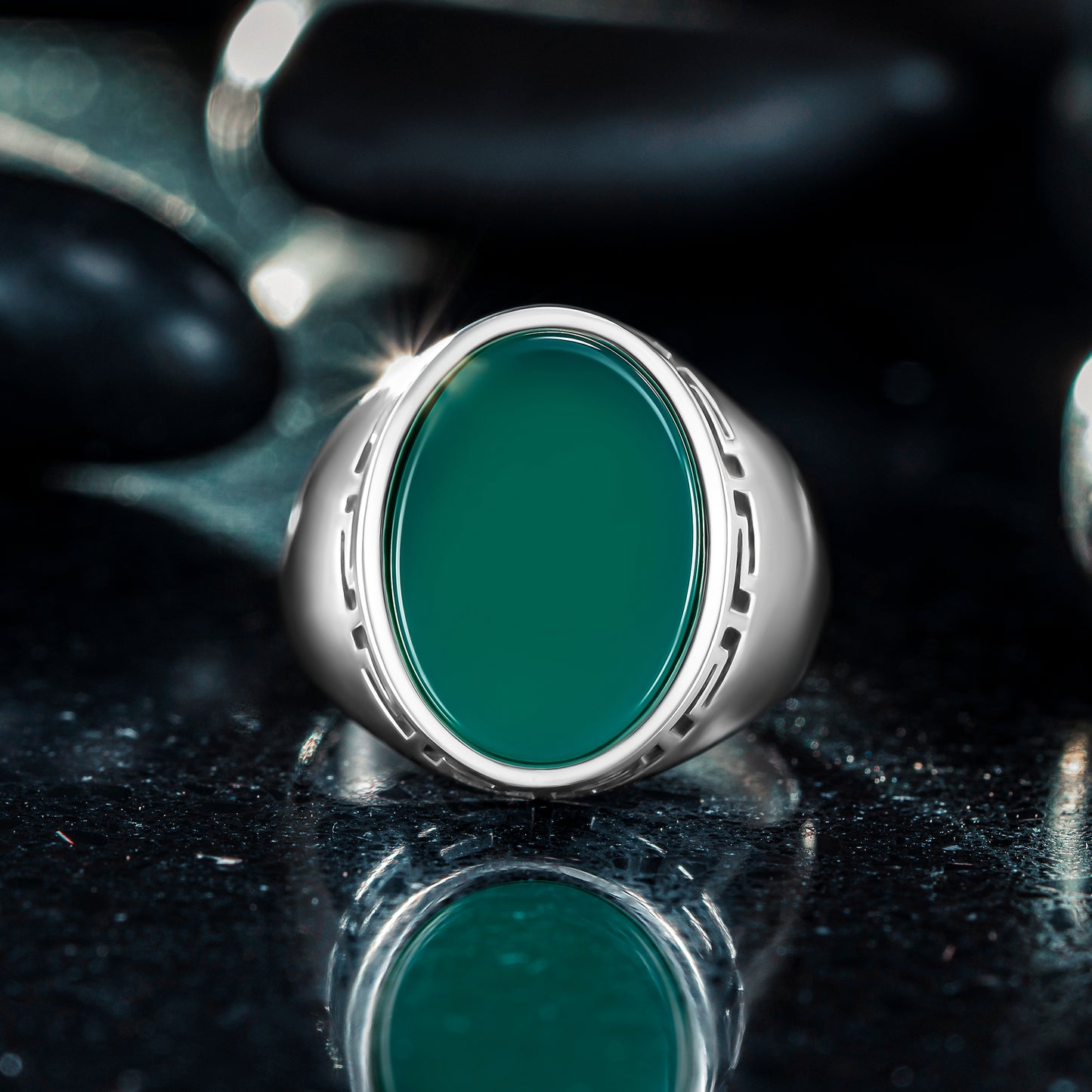 925 Sterling Silver Greek Patterned Oval Green Agate Stone Men's Ring
