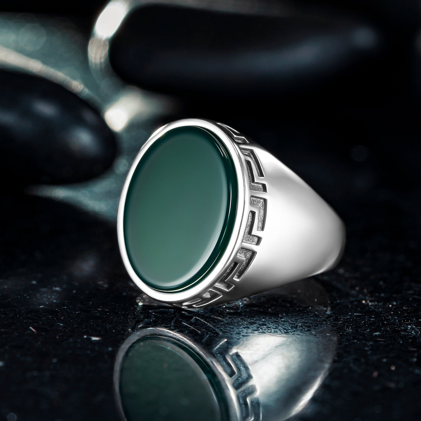 925 Sterling Silver Greek Patterned Oval Green Agate Stone Men's Ring