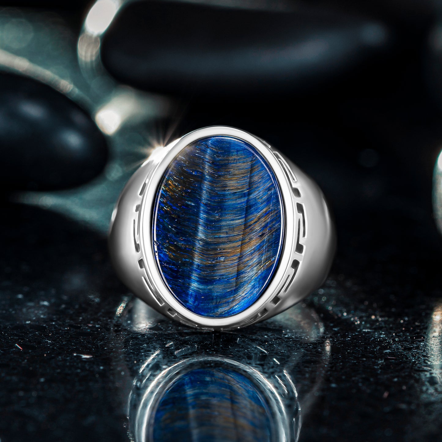 925 Sterling Silver Greek Patterned Oval Blue Lapis Lazuli Stone Men's Ring