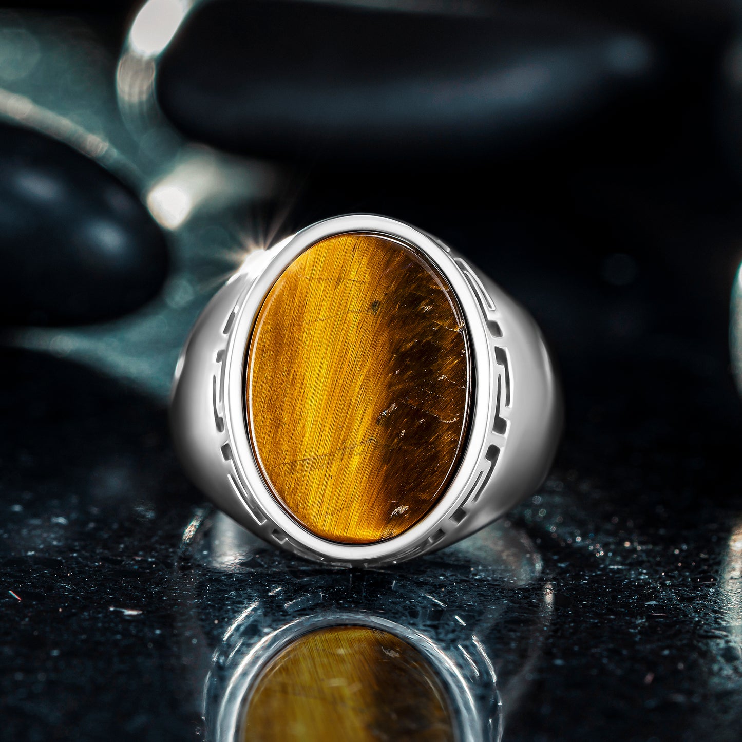 925 Sterling Silver Greek Patterned Oval Brown Tiger's Eye Stone Men's Ring