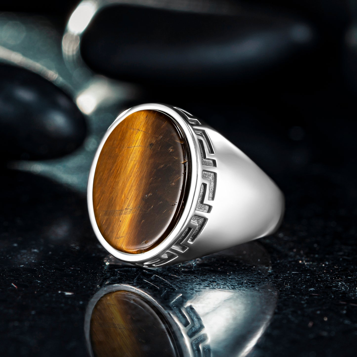 925 Sterling Silver Greek Patterned Oval Brown Tiger's Eye Stone Men's Ring