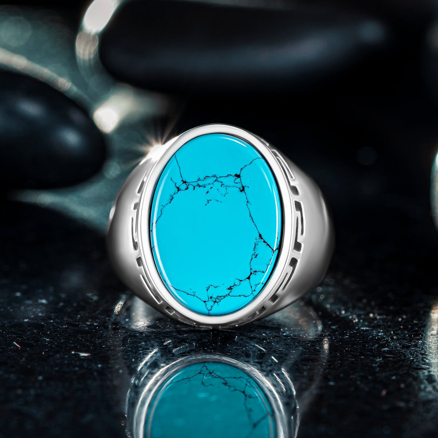 925 Sterling Silver Greek Patterned Oval Blue Turquoise Stone Men's Ring