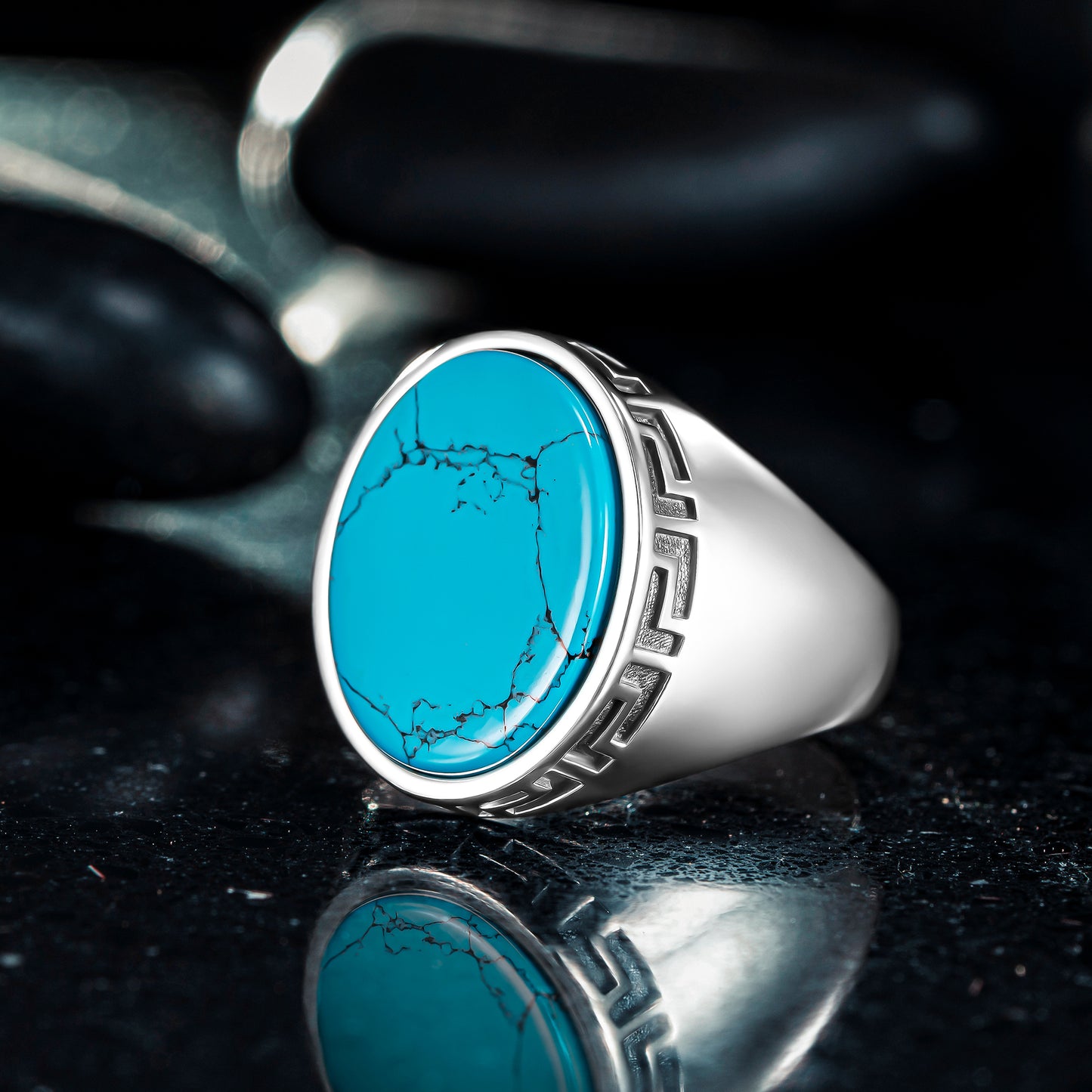925 Sterling Silver Greek Patterned Oval Blue Turquoise Stone Men's Ring
