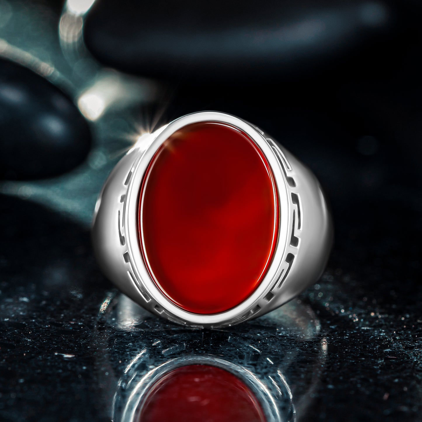 925 Sterling Silver Greek Patterned Oval Red Agate Stone Men's Ring