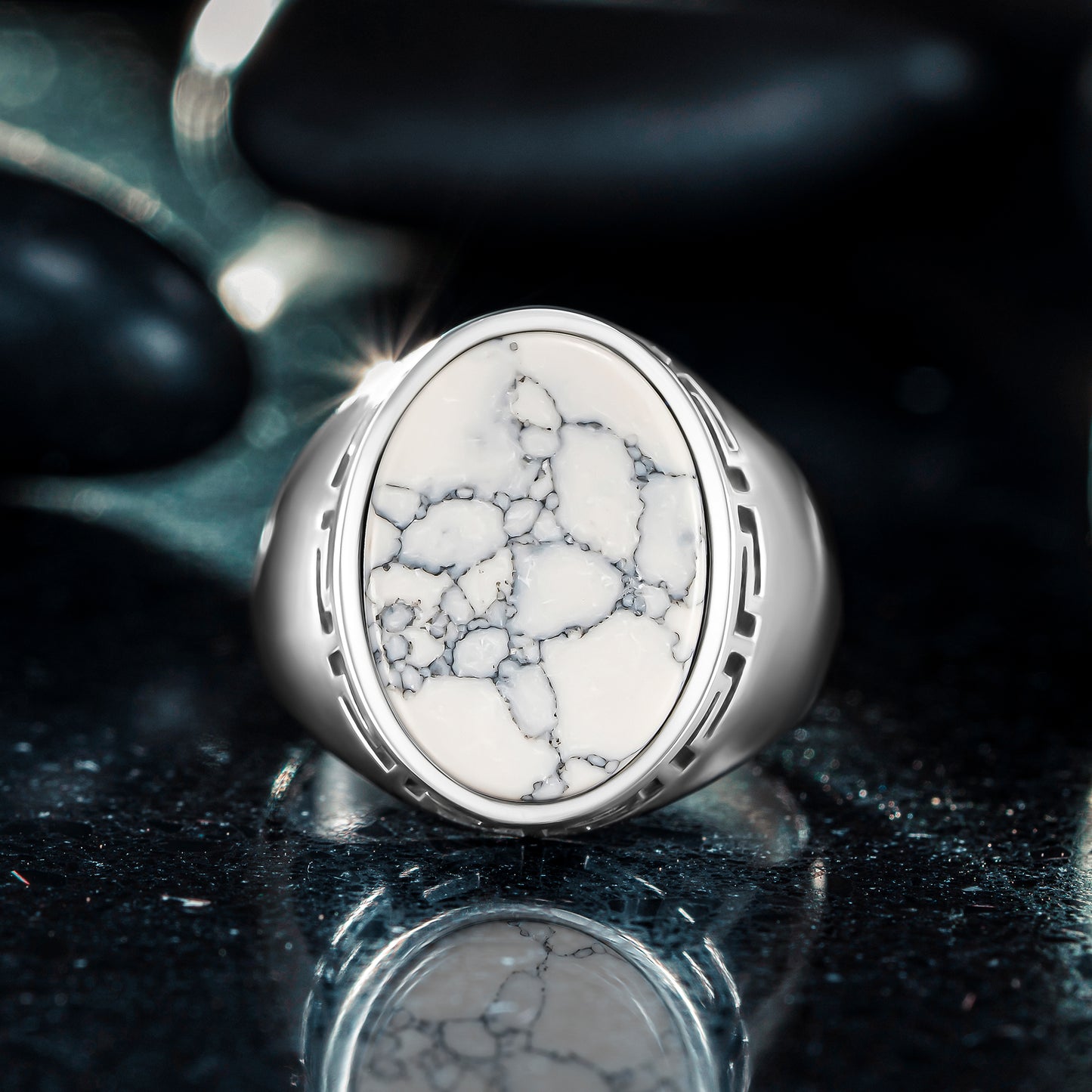 925 Sterling Silver Greek Patterned Oval White Turquoise Stone Men's Ring