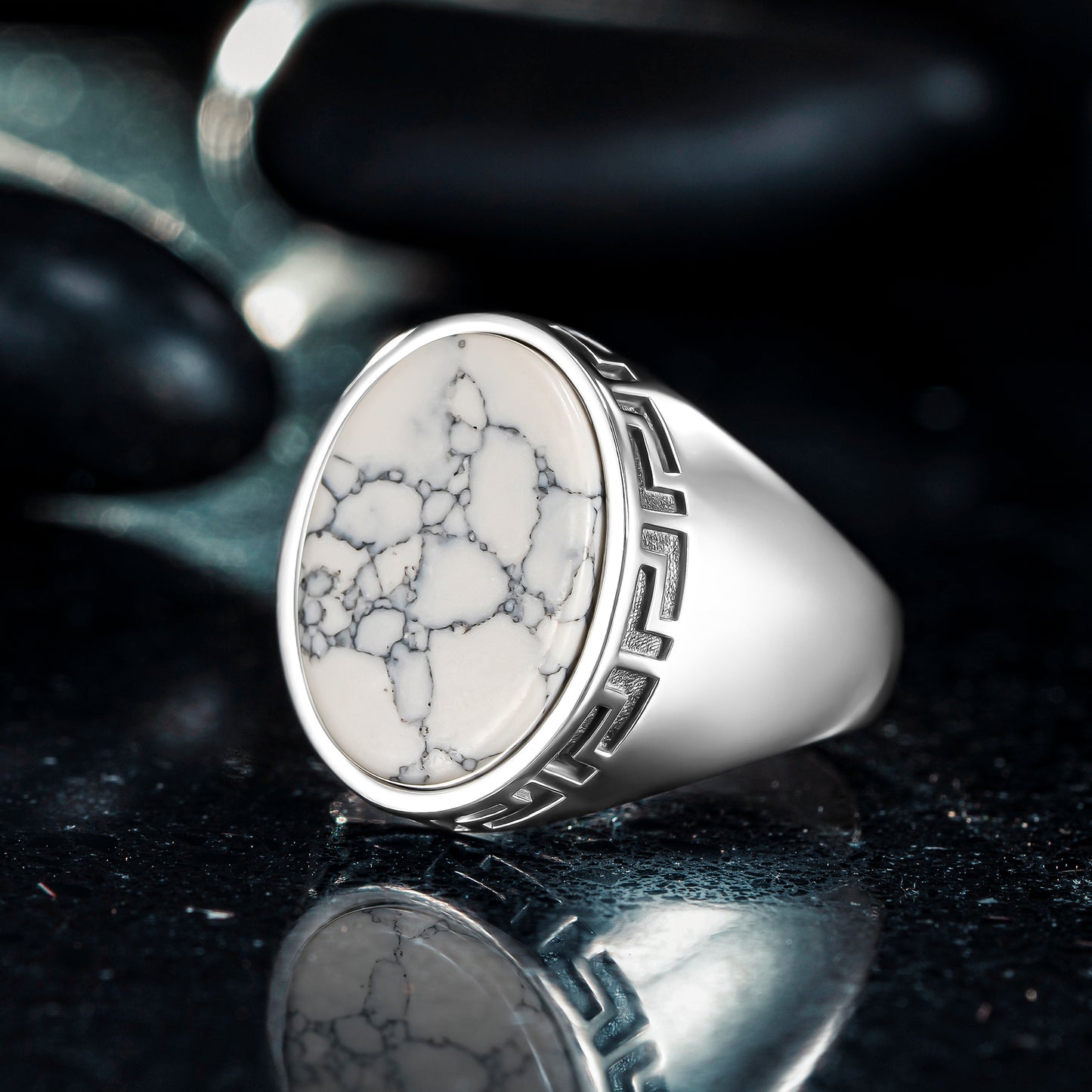 925 Sterling Silver Greek Patterned Oval White Turquoise Stone Men's Ring
