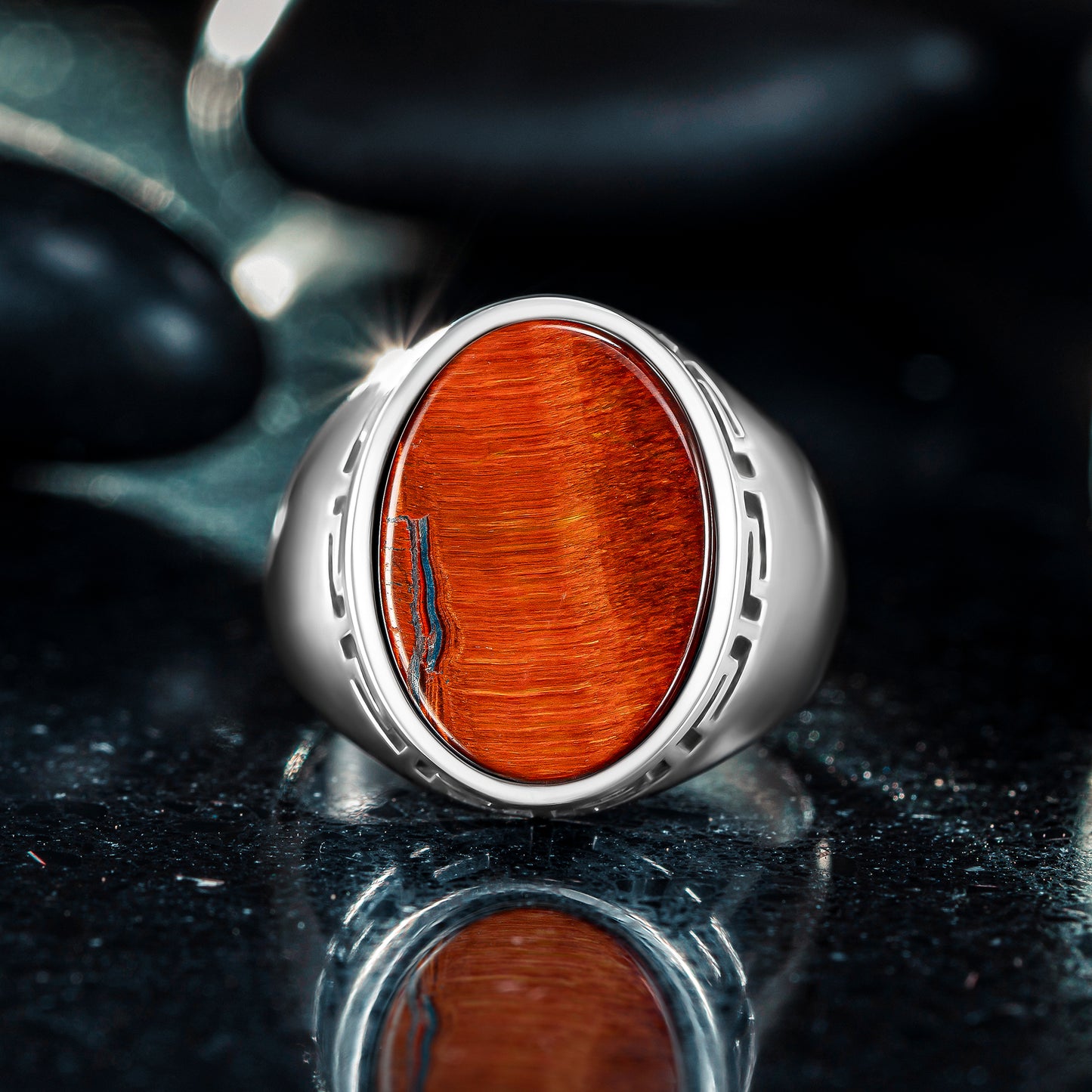 925 Sterling Silver Greek Patterned Oval Brown Jasper Stone Men's Ring