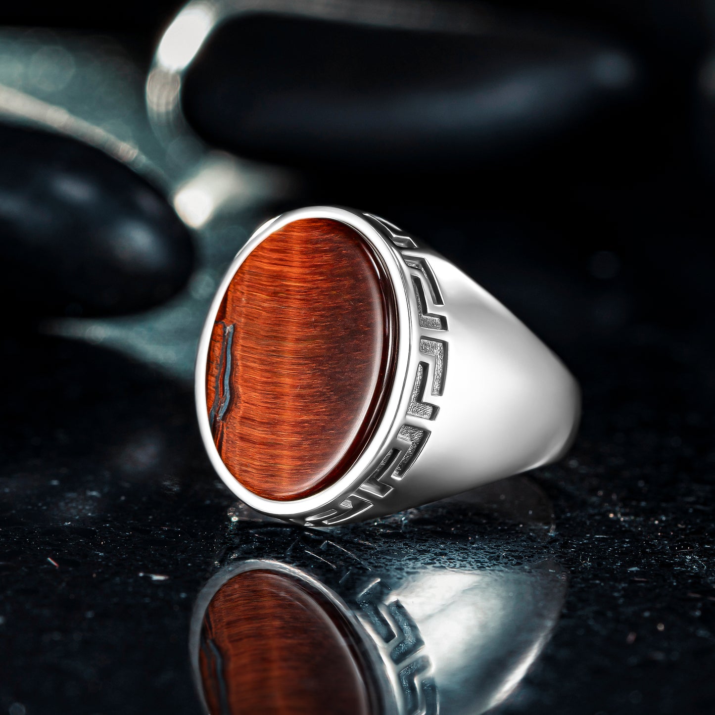 925 Sterling Silver Greek Patterned Oval Brown Jasper Stone Men's Ring