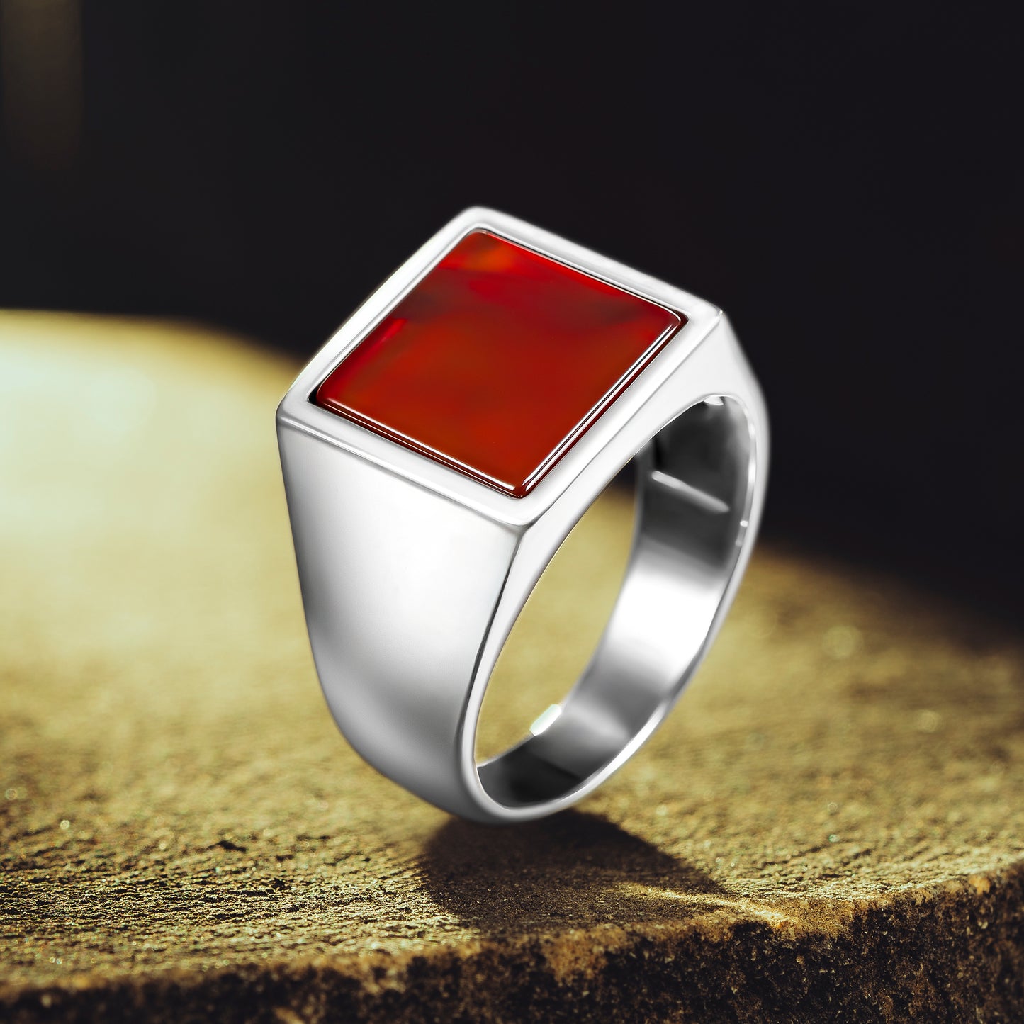 925 Sterling Silver Square Red Agate Stone Men's Ring