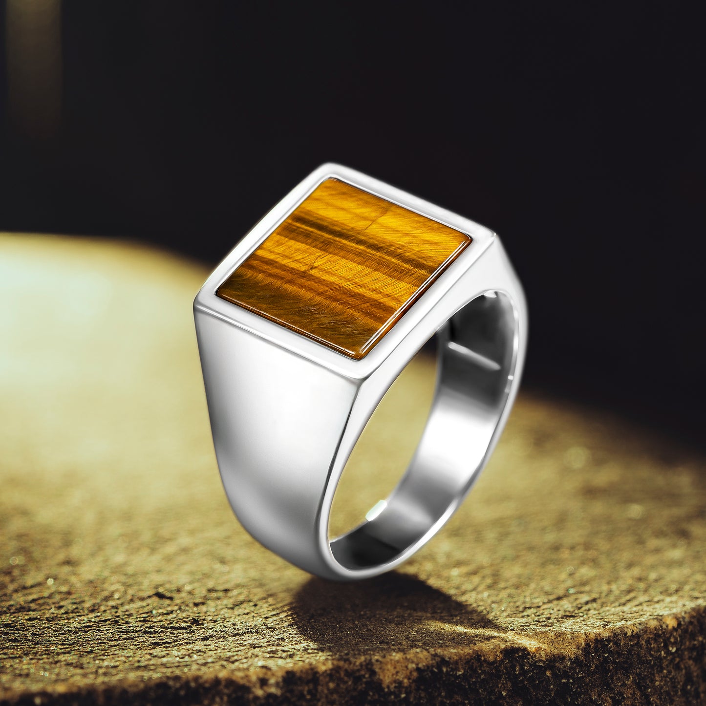 925 Sterling Silver Square Brown Tiger's Eye Stone Men's Ring