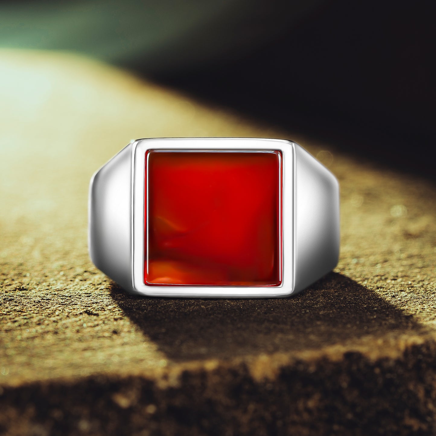 925 Sterling Silver Square Red Agate Stone Men's Ring