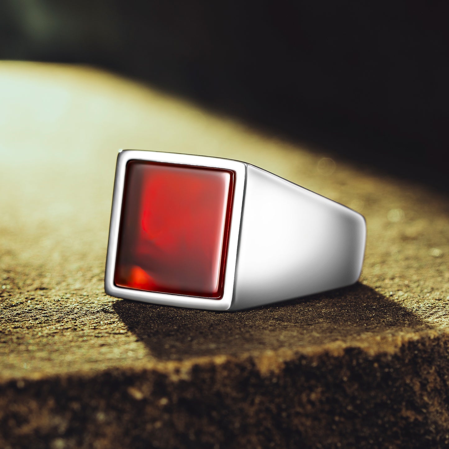 925 Sterling Silver Square Red Agate Stone Men's Ring