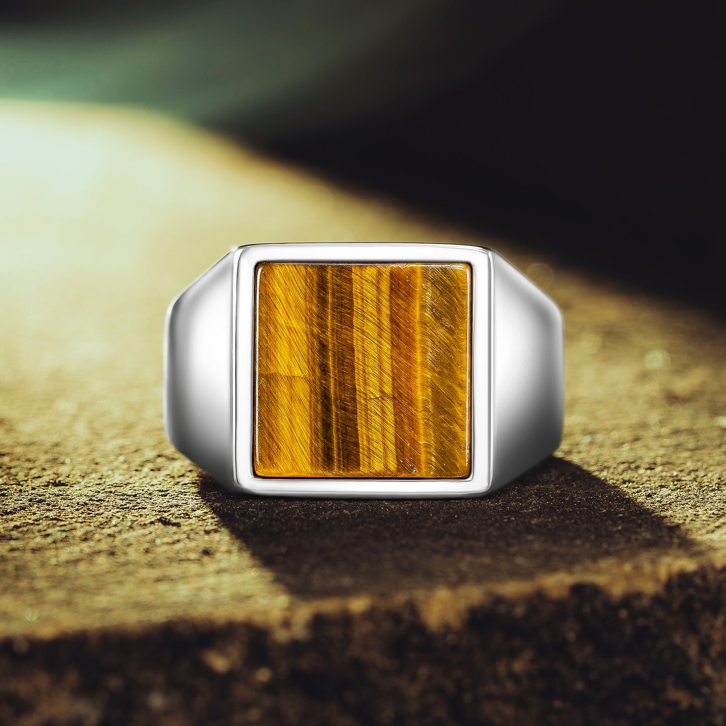 925 Sterling Silver Square Brown Tiger's Eye Stone Men's Ring