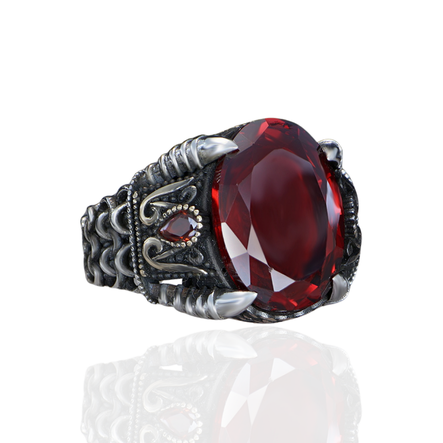 Oval Kırmızı Garnet Taşlı 925 Ayar Gümüş Erkek Yüzük