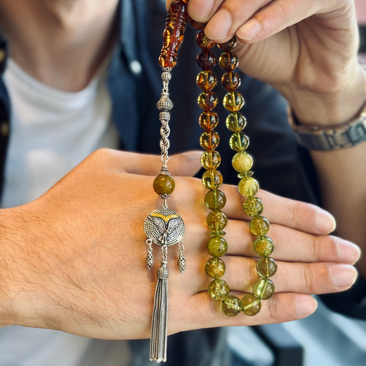 925 Sterling Silver Tassel Drop Amber Stone Prayer Beads