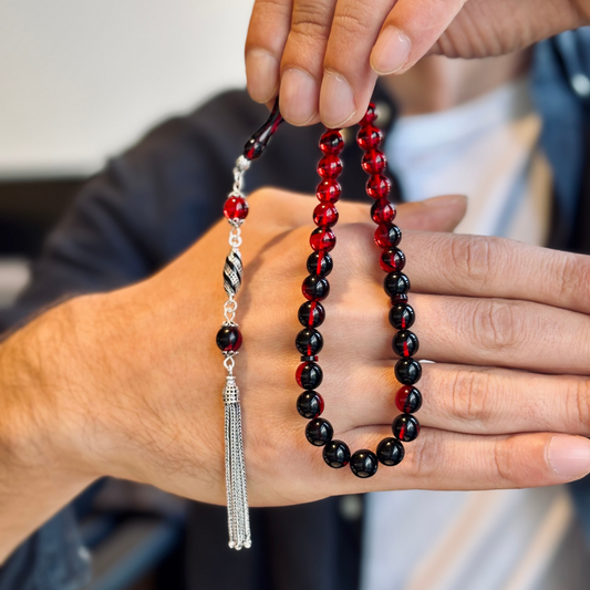 925 Sterling Silver Tassel Red Fire Amber Stone Prayer Beads