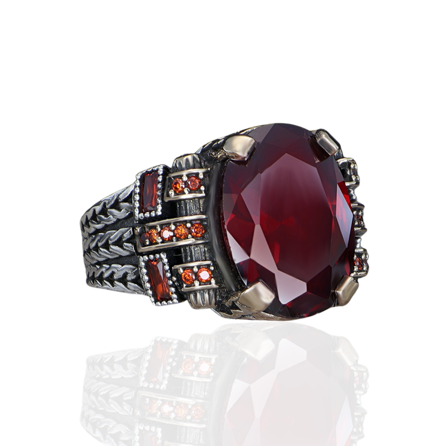 Oval Kırmızı Garnet Taşlı 925 Ayar Gümüş Erkek Yüzük