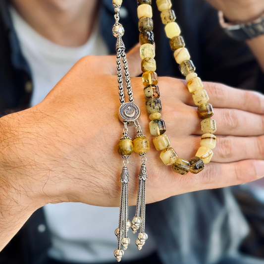 925 Sterling Silver Tassel Drop Amber Stone Prayer Beads