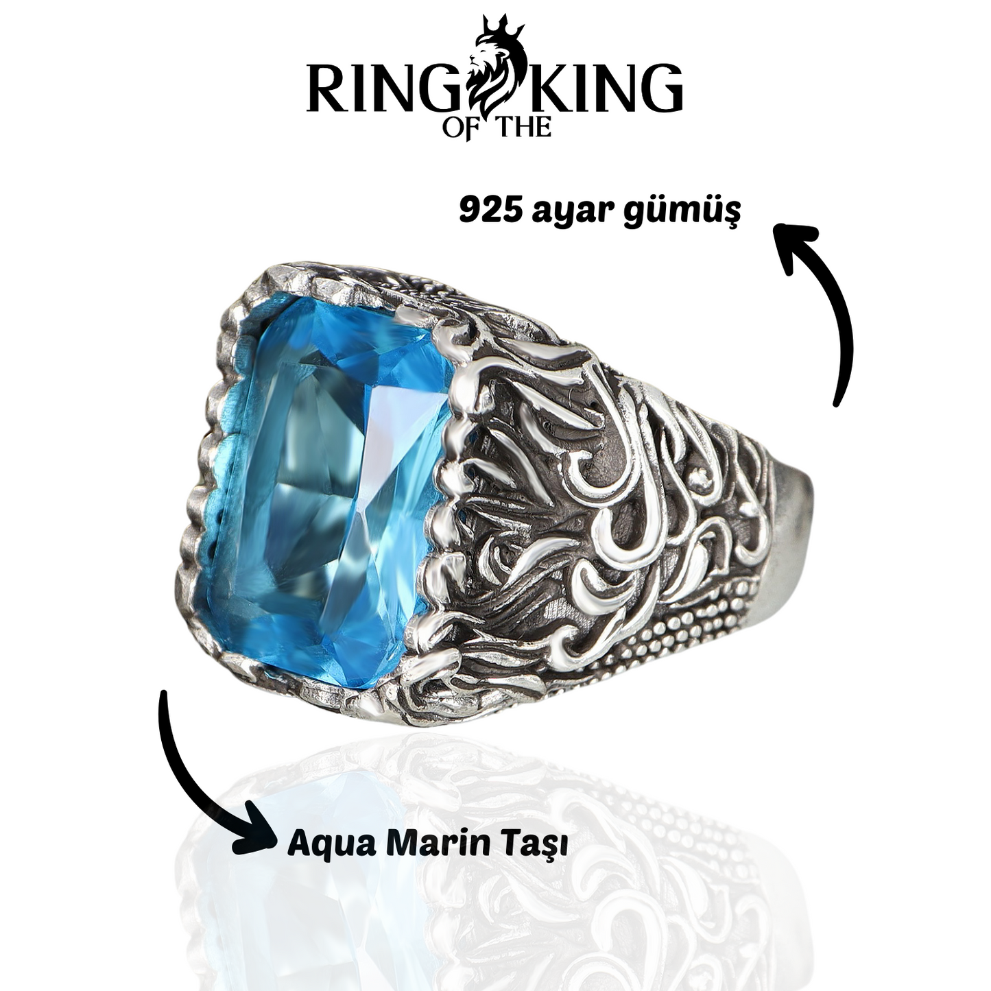 Mavi Aqua Marin Taşlı 925 Ayar Gümüş Erkek Yüzük