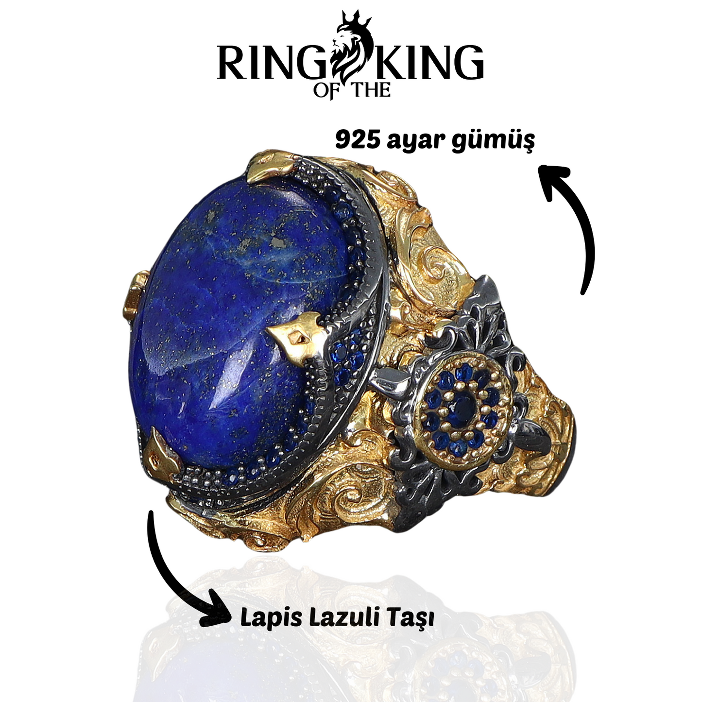 Güneş Figürlü Rodaj Kaplama Oval Mavi Lapis Lazuli Taşlı 925 Ayar Gümüş Erkek Yüzük