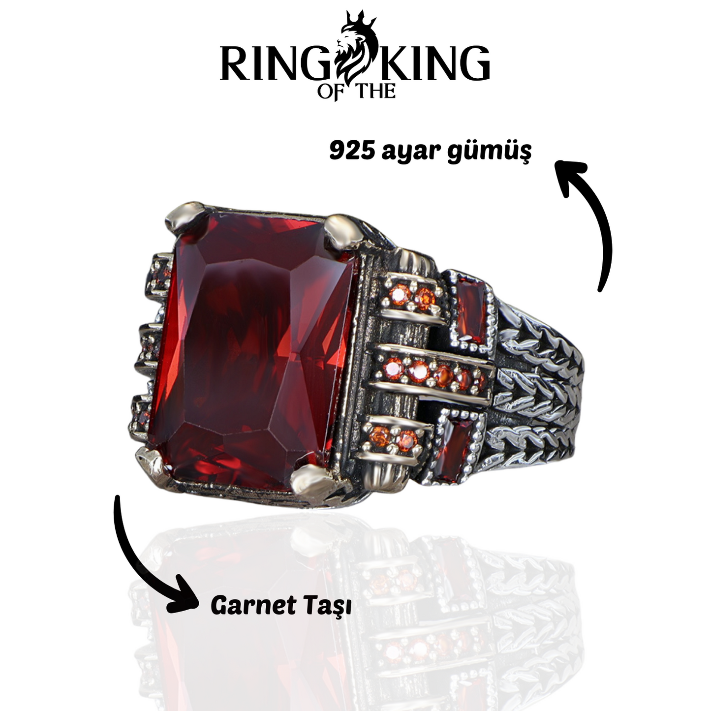 Kırmızı Garnet Taşlı 925 Ayar Gümüş Erkek Yüzük