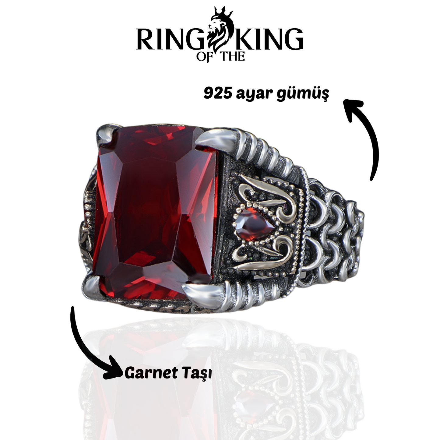 Kırmızı Garnet Taşlı 925 Ayar Gümüş Erkek Yüzük