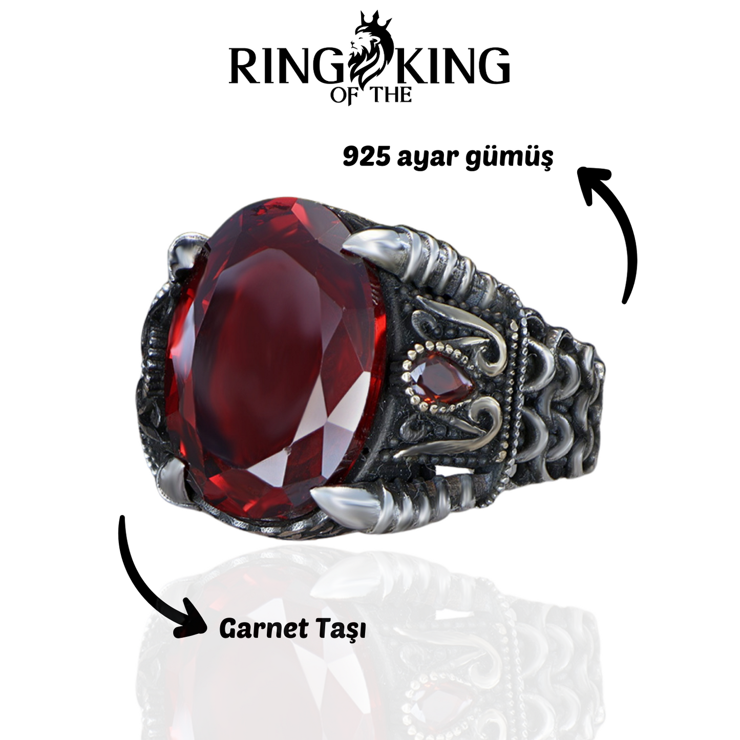 Oval Kırmızı Garnet Taşlı 925 Ayar Gümüş Erkek Yüzük