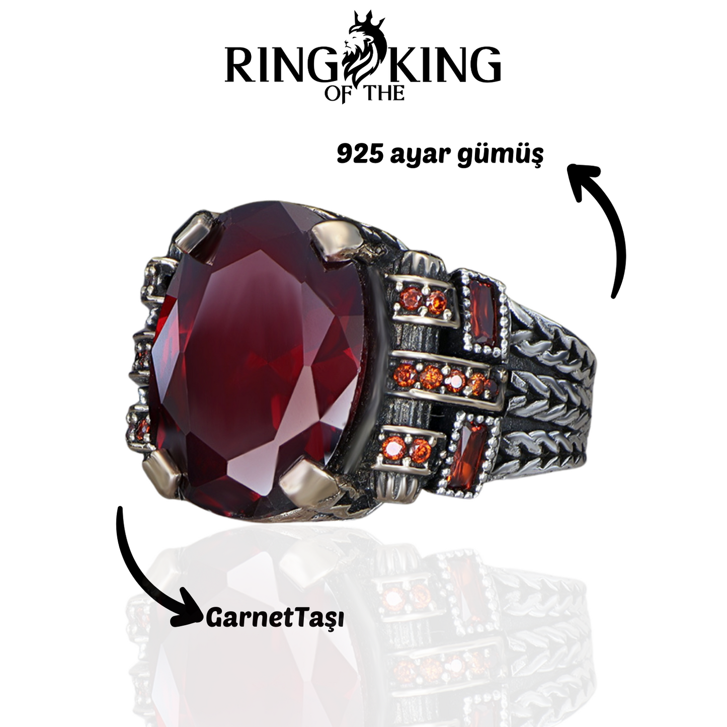 Oval Kırmızı Garnet Taşlı 925 Ayar Gümüş Erkek Yüzük