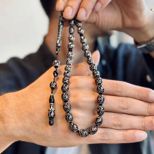 925 Sterling Silver Inlaid Erzurum Oltu Stone Prayer Beads