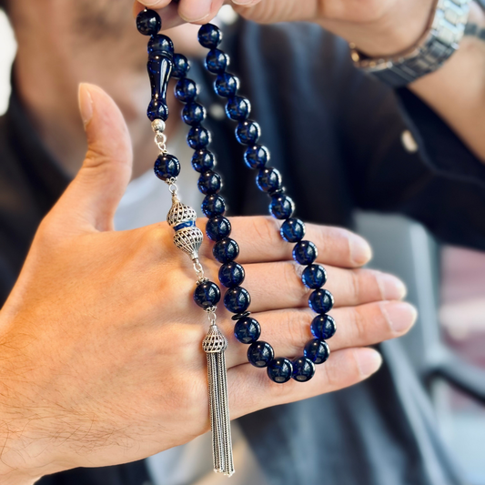 925 Sterling Silver Tassel Navy Blue Drop Amber Stone Prayer Beads