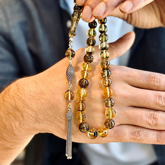 925 Sterling Silver Tassel Drop Amber Stone Prayer Beads
