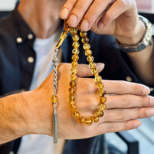 925 Sterling Silver Tassel Drop Amber Stone Prayer Beads
