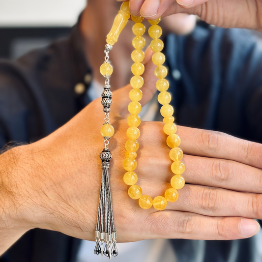 925 Sterling Silver Tassel Drop Amber Stone Prayer Beads