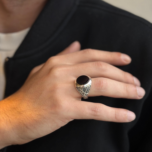 925 Sterling Silver Root Patterned Round Black Onyx Stone Men's Ring